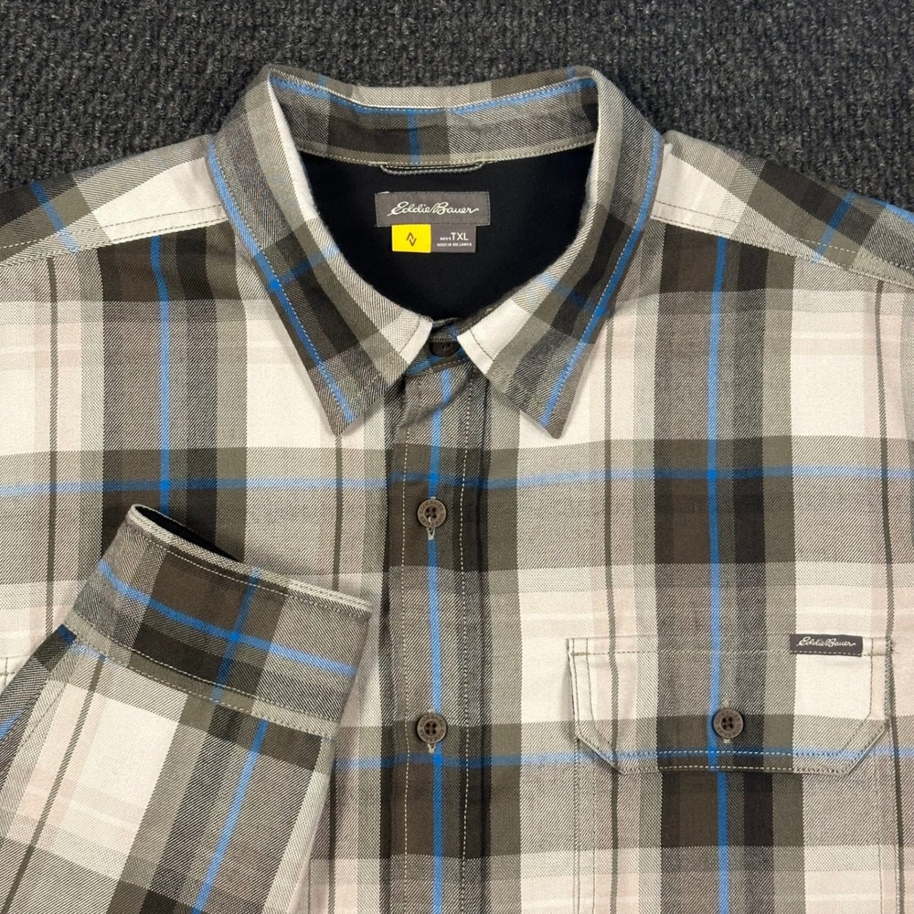 Eddie Bauer Travex Lightweight Flannel Shirt Mens XLT Gray Plaid Long Sleeve